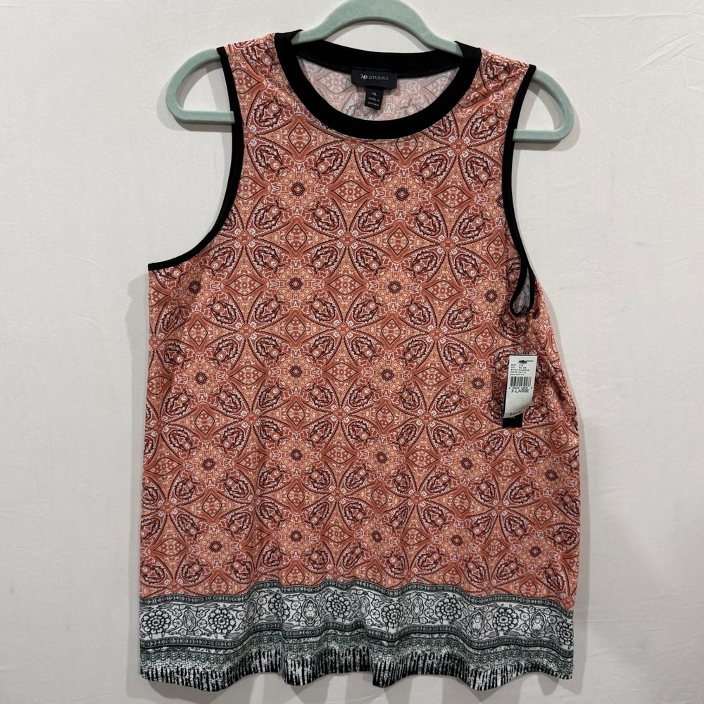 AB Studio Womens XL Orange Black Paisley Medallion Sleeveless Knit Top NWT